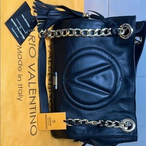 Valentino Black Leather Shoulder Bag with Gold Accents